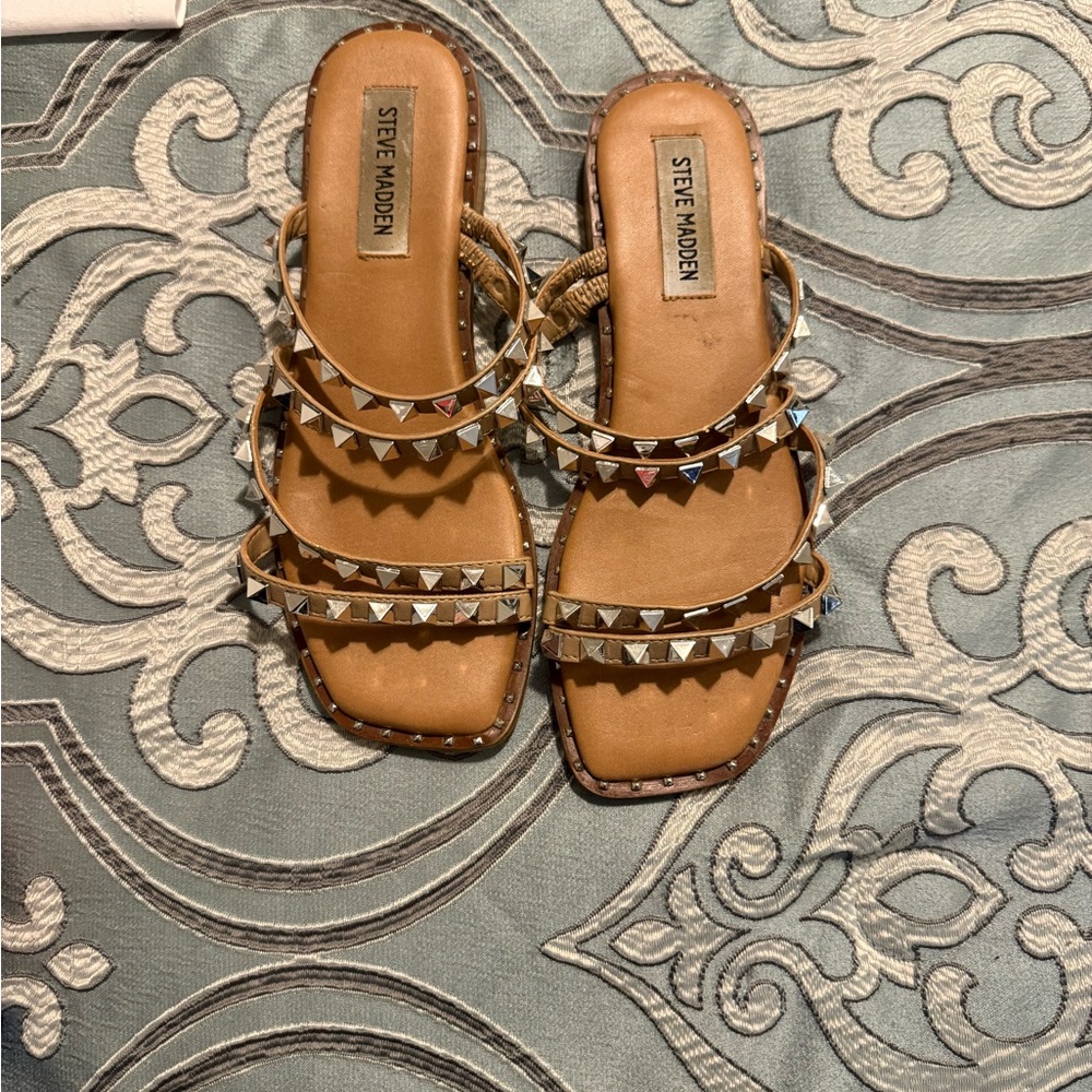 Steve Madden Brown Studded Triple-Strap Slide Sandals